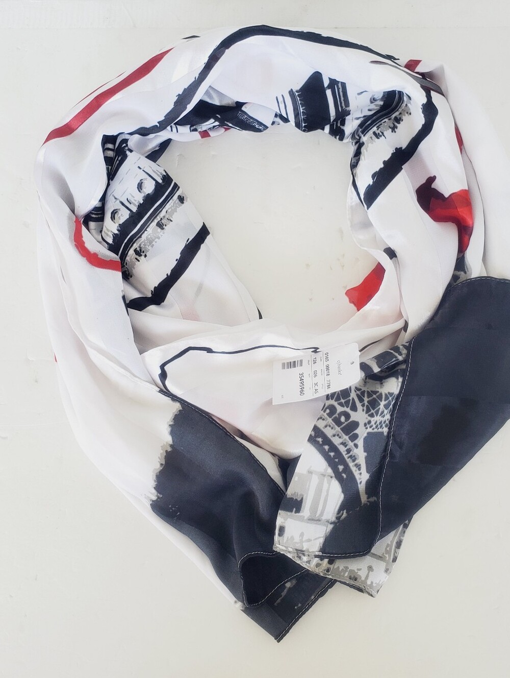 CJ Banks Women's Scarf 19"x70" Beautiful Sheer Black Red Highlighted Paris Motif
